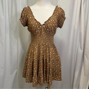 Blush Floral Brown Dress Short Sleeve Ruffle Stretchy Smocked Waist Soft Large